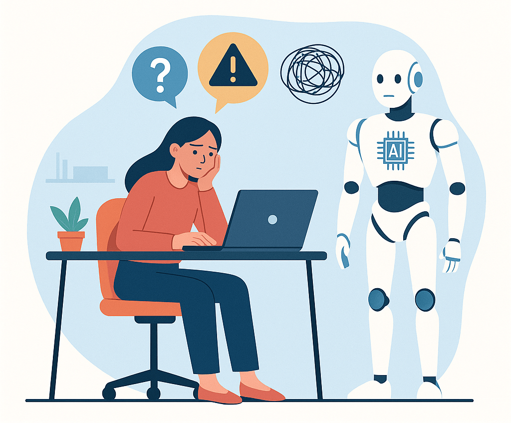 An illustration of an employee stressed out and confused by AI